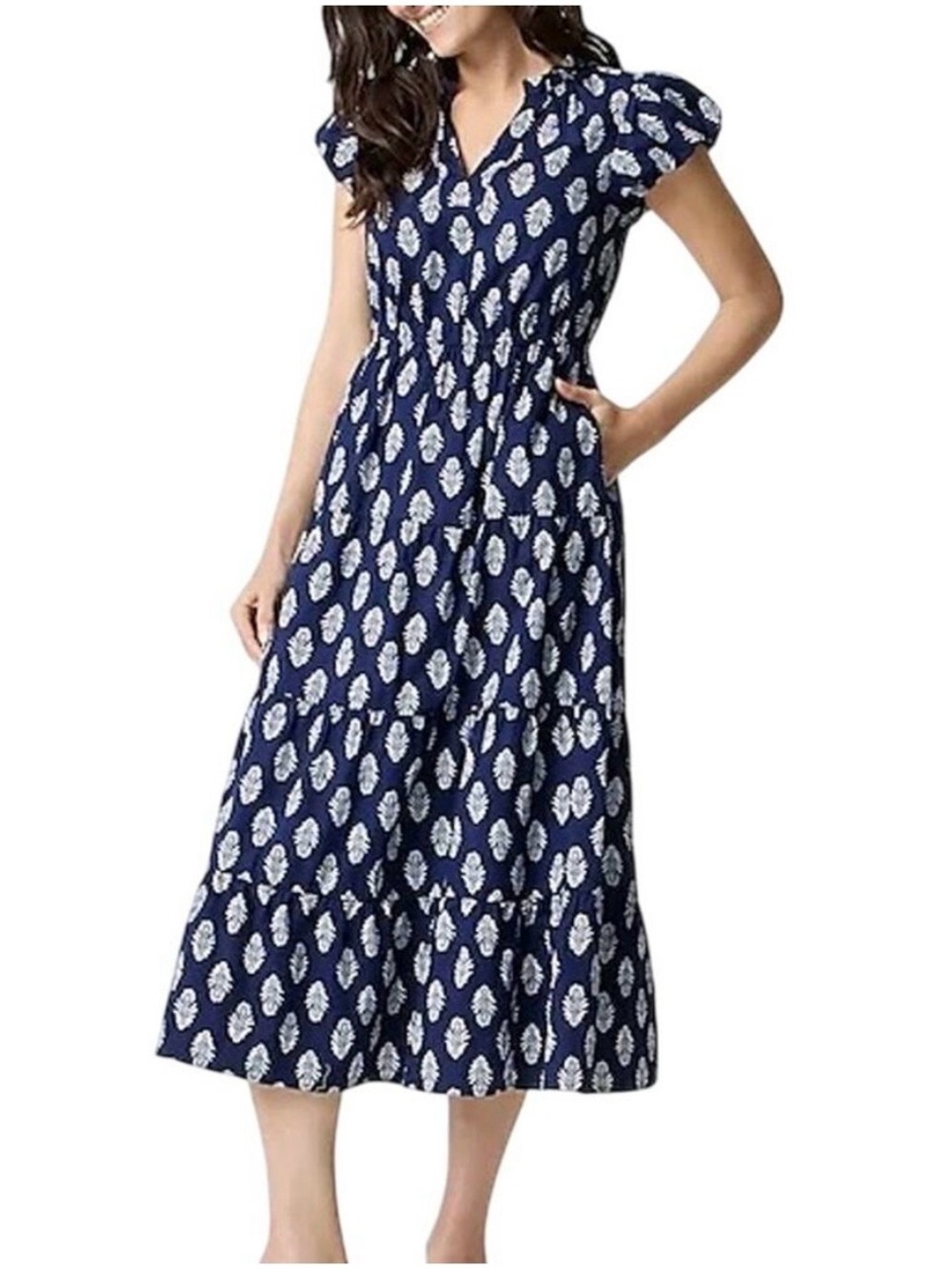 J. Crew Navy Blue Printed Midi Dress with Puff Sleeves, V-Neck and pockets!